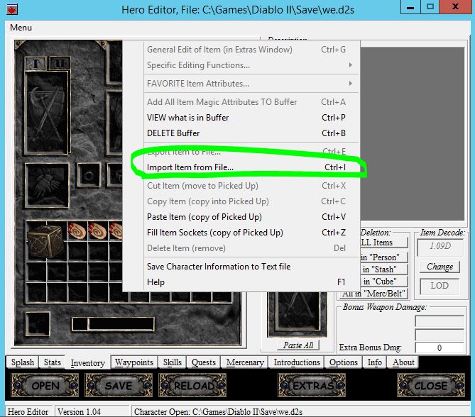 Импорт вещей в редакторе сохранений